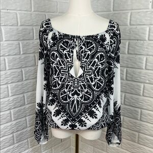 ALICE + OLIVIA PEASANT BOHO BLOUSE BLACK WHITE SCOOP NECK LINED VISCOSE SZ MED